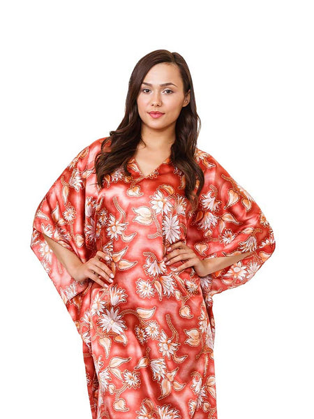 Women's Long Satin Caftan / Kaftan / Muumuu, Salmon-Colored Blossoming Cluster Floral Print