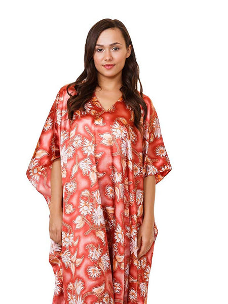 Women's Long Satin Caftan / Kaftan / Muumuu, Salmon-Colored Blossoming Cluster Floral Print