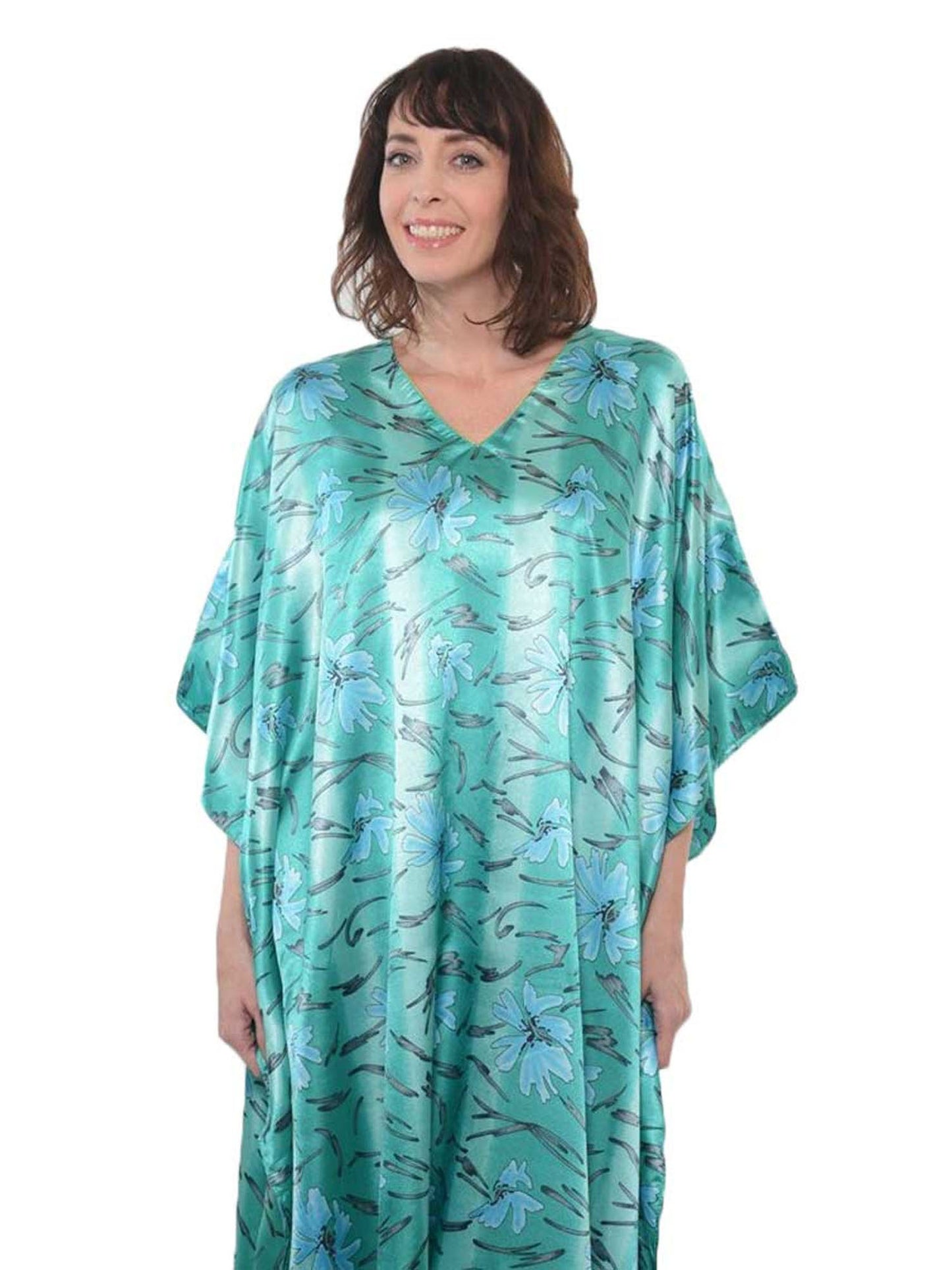 Women's Long Satin Caftan / Kaftan / Muumuu, Underwater Lilies Floral Print