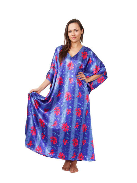 Women's Long Satin Caftan / Kaftan / Muumuu, Deep Sea Lilies Print