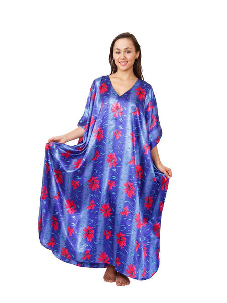 Women's Long Satin Caftan / Kaftan / Muumuu, Deep Sea Lilies Print
