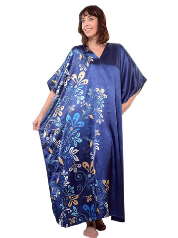 Women's Long Satin Caftan / Kaftan / Muumuu, Midnight Dream Floral Vine Print in Blue