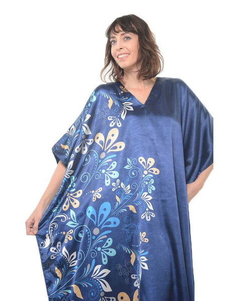 Women's Long Satin Caftan / Kaftan / Muumuu, Midnight Dream Floral Vine Print in Blue