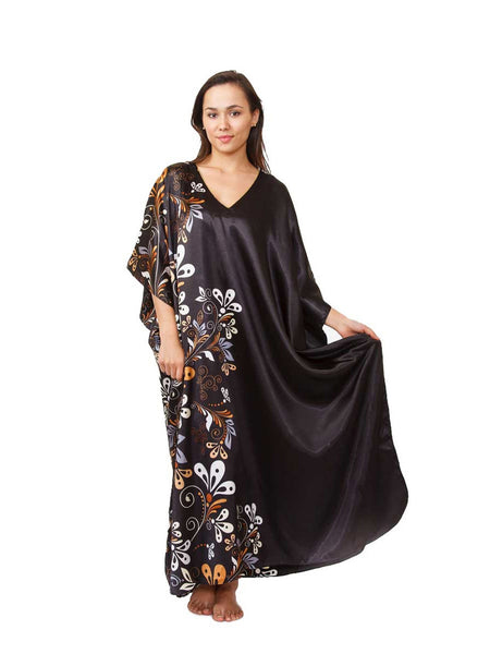 Women's Long Satin Caftan / Kaftan / Muumuu, Midnight Dream Floral Vine Print in Black
