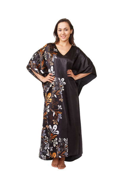 Women's Long Satin Caftan / Kaftan / Muumuu, Midnight Dream Floral Vine Print in Black