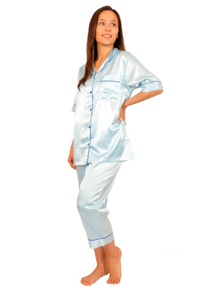 Women's Pajama Set / Pajamas / Pyjamas / PJs, Satin, Cropped Pants with Short-Sleeve Top