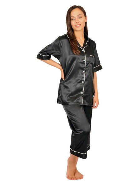 Women's Pajama Set / Pajamas / Pyjamas / PJs, Satin, Cropped Pants with Short-Sleeve Top