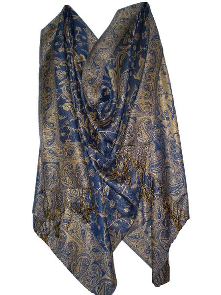 Women's Pashmina Scarf / Wrap / Shawl in Blue and Gold Paisley