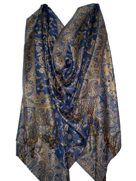 Women's Pashmina Scarf / Wrap / Shawl in Blue and Gold Paisley