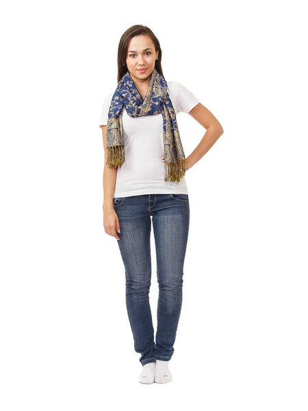 Women's Pashmina Scarf / Wrap / Shawl in Blue and Gold Paisley