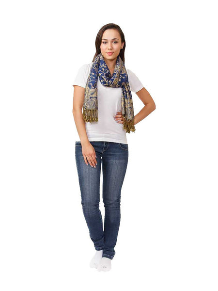 Women's Pashmina Scarf / Wrap / Shawl in Blue and Gold Paisley