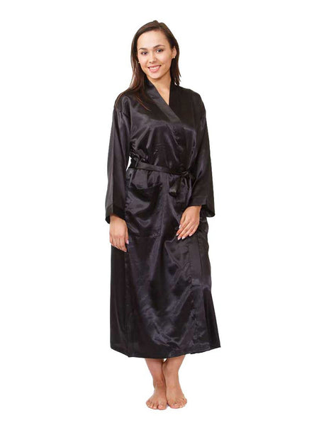 Women's Long Robe, Satin, Solid Black with Pockets