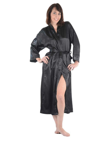 Women's Long Robe, Satin, Solid Black with Pockets