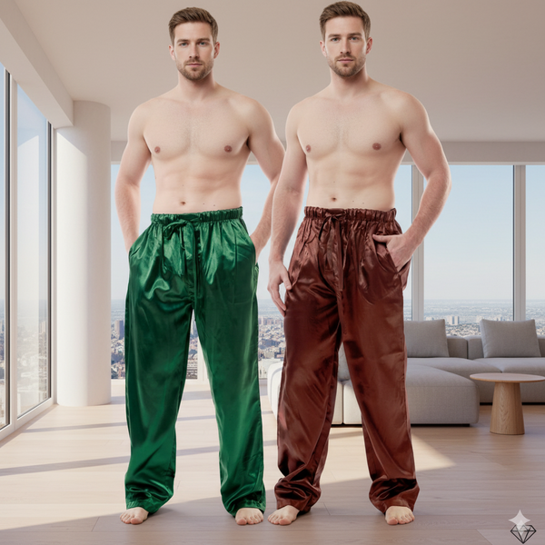 Men's Lounge Pants / Pajama Bottoms / Sleep Pants, Satin, 2-Piece Multicolor Combo in Brown and Green