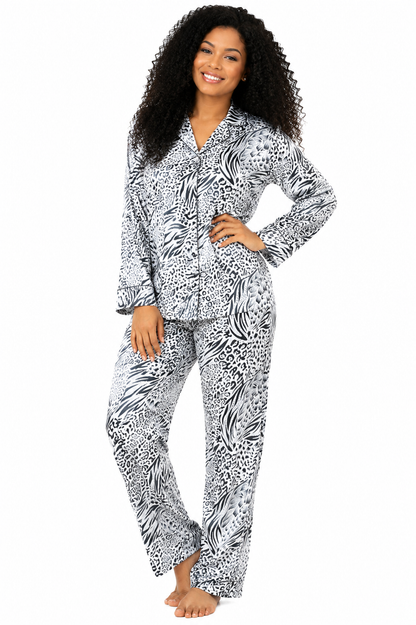 Up2date Fashion Women's Silky Satin Pajama Set Long Sleeve Button Down 2-Piece V-Neck PJs with Pants, Floral & Animal Prints