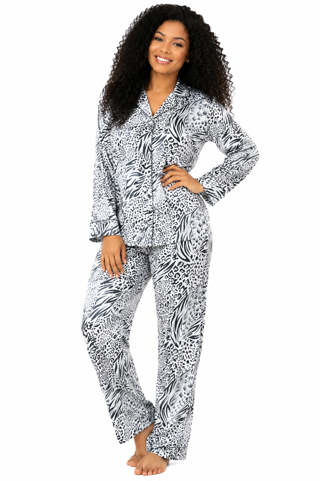 Up2date Fashion Women's Silky Satin Pajama Set Long Sleeve Button Down 2-Piece V-Neck PJs with Pants, Floral & Animal Prints