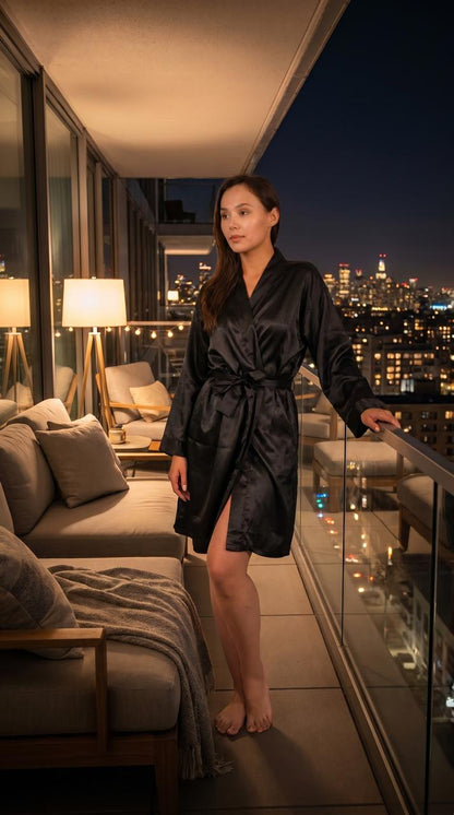 Up2date Fashion Silky Robes for Women Short Lightweight Nightgown Satin Full Sleeves Classic Bathrobe Wedding Bridesmaid