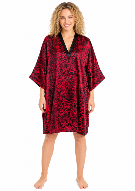 Women's Short Satin Caftan / Kaftan / Muumuu,  Red Animal Print