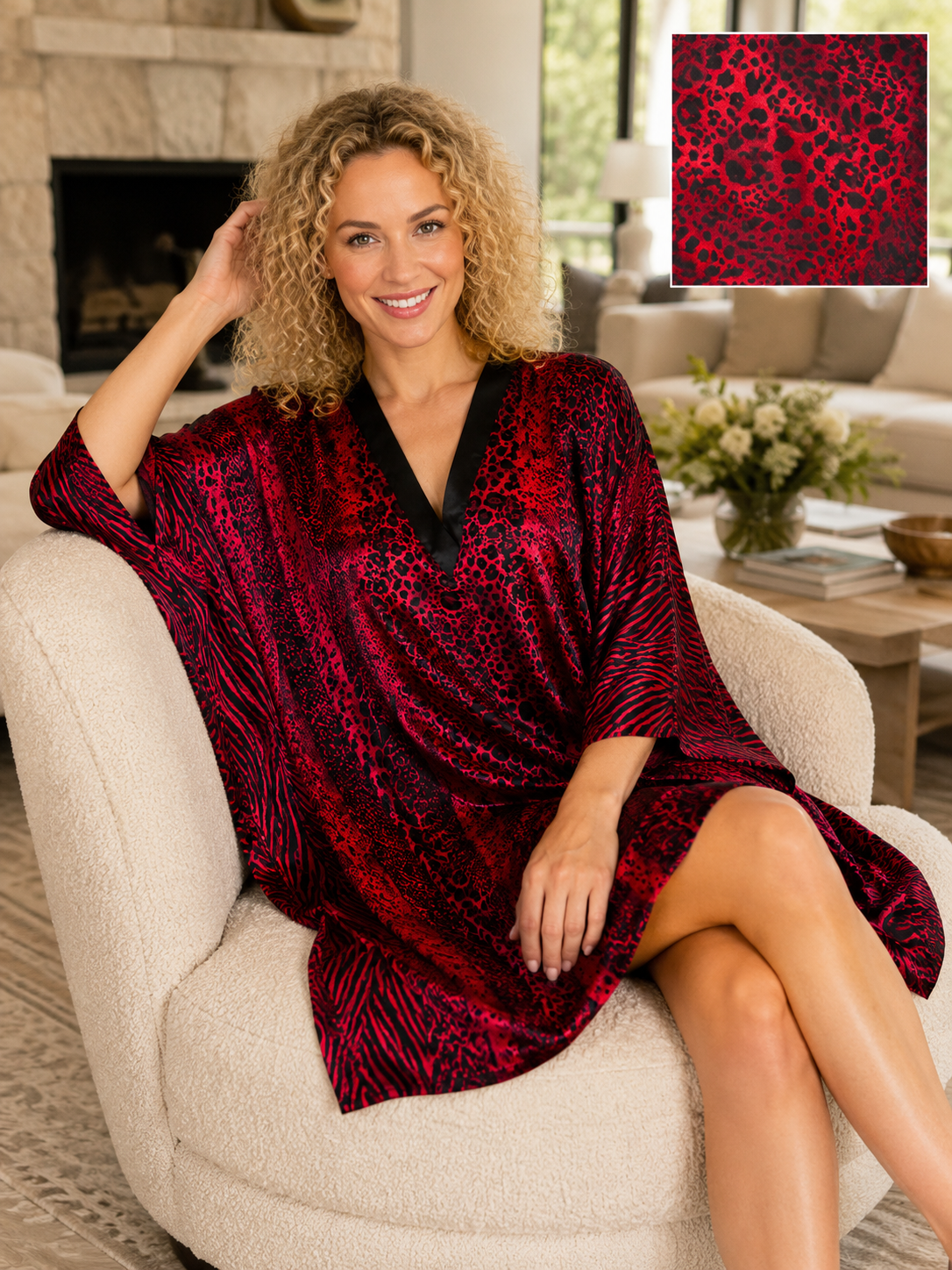 Women's Short Satin Caftan / Kaftan / Muumuu,  Red Animal Print