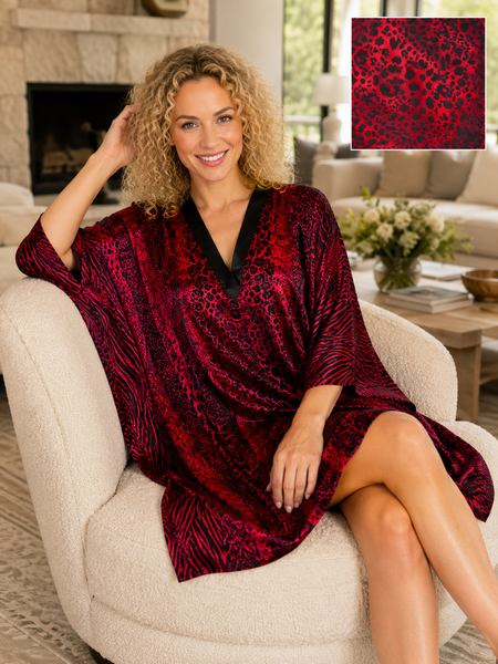 Women's Short Satin Caftan / Kaftan / Muumuu,  Red Animal Print