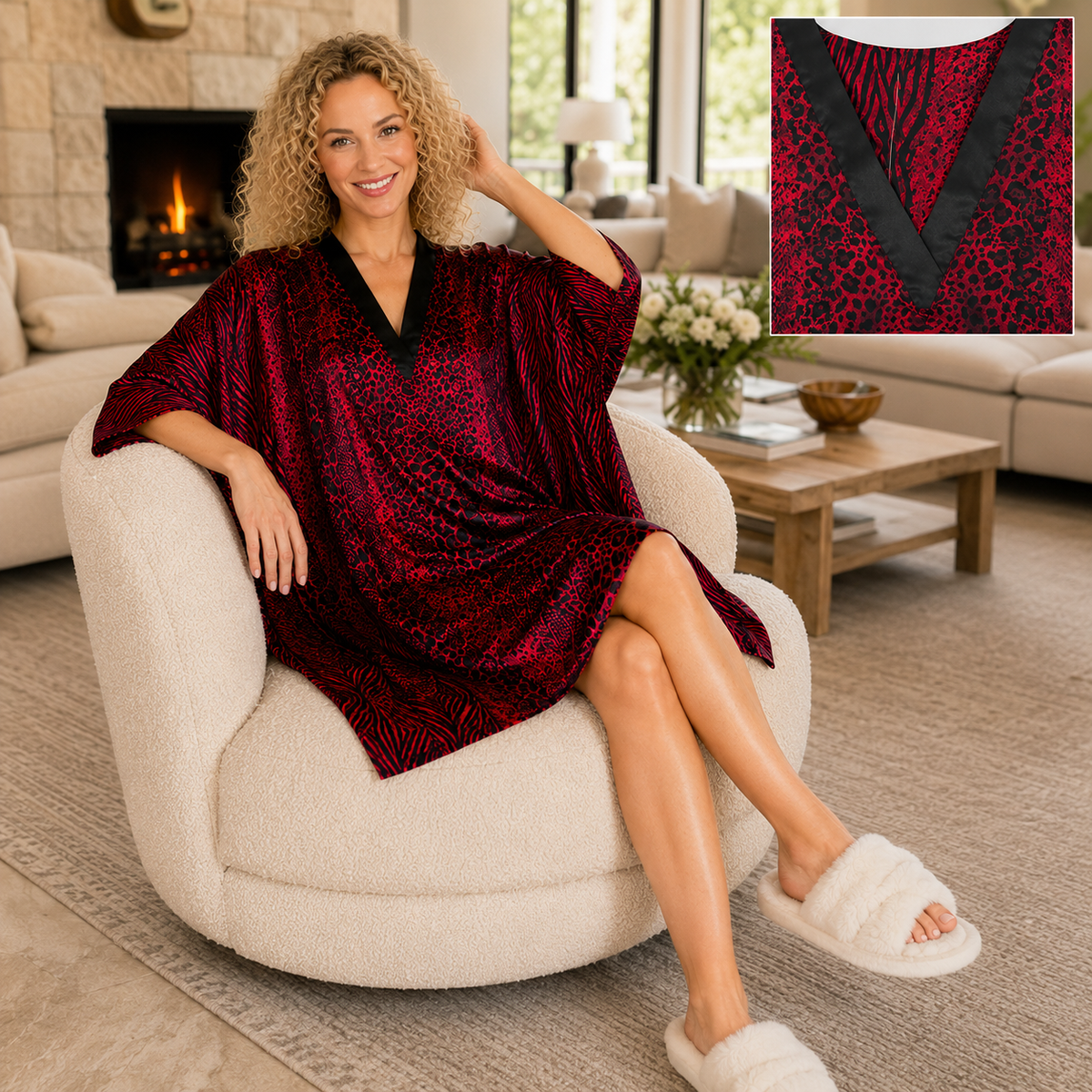 Women's Short Satin Caftan / Kaftan / Muumuu,  Red Animal Print