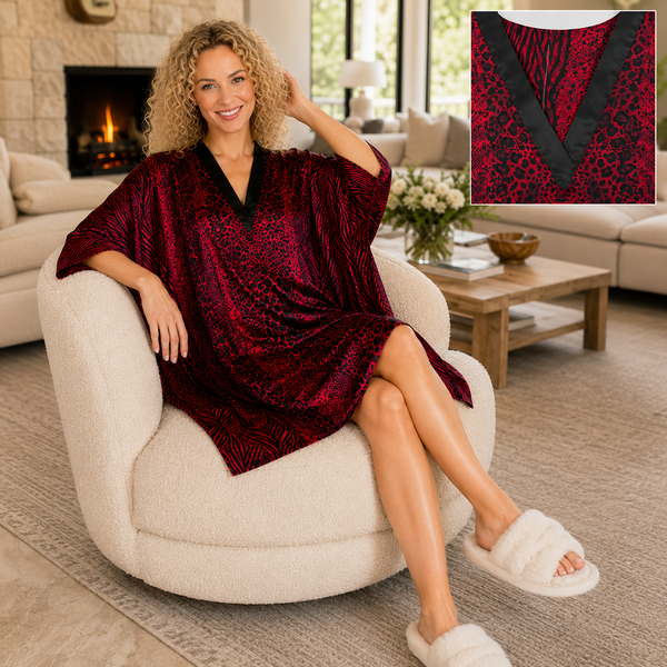 Women's Short Satin Caftan / Kaftan / Muumuu,  Red Animal Print