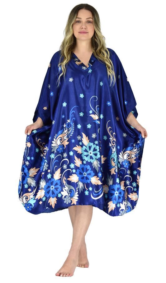 Women's Short Satin Caftan / Kaftan / Muumuu, Floral Print, CShort-11