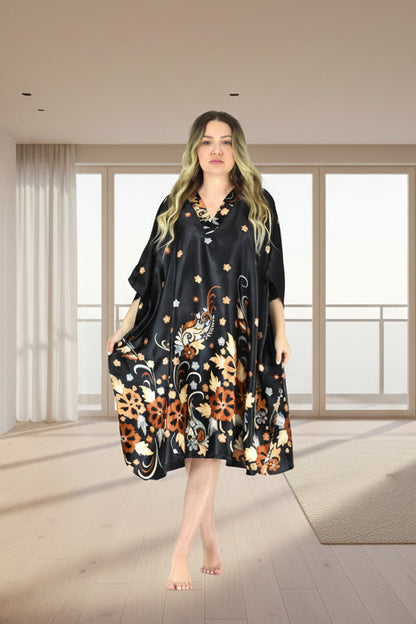 Women's Short Satin Caftan / Kaftan / Muumuu, Floral Print, CShort-11C3