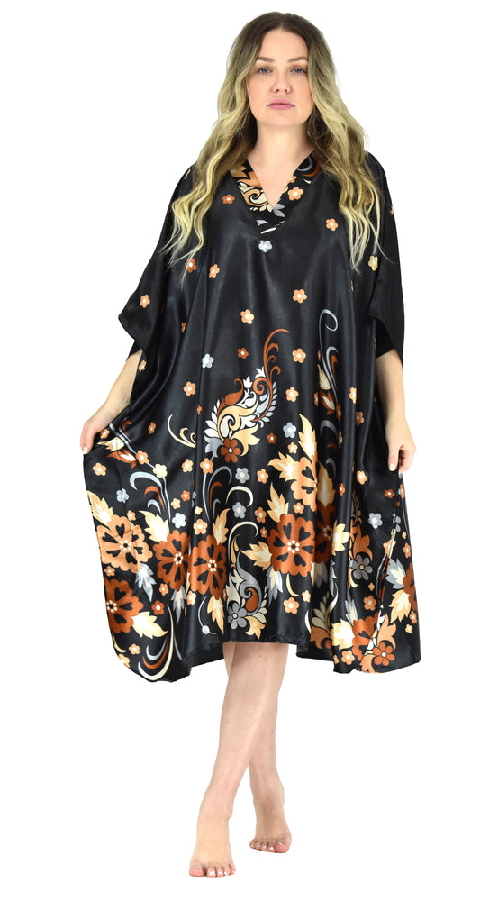 Women's Short Satin Caftan / Kaftan / Muumuu, Floral Print, CShort-11C3