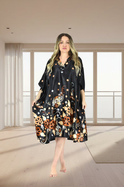 Women's Short Satin Caftan / Kaftan / Muumuu, Floral Print, CShort-11C3