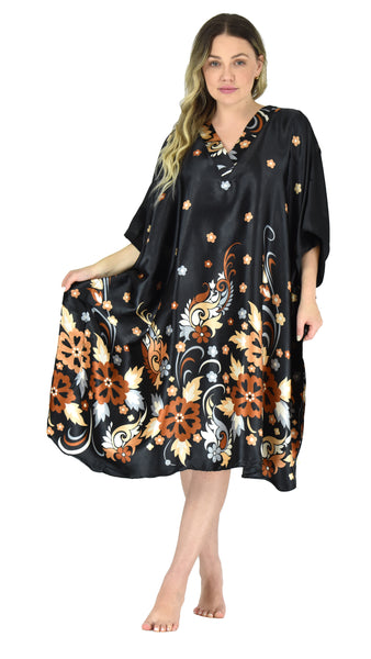Women's Short Satin Caftan / Kaftan / Muumuu, Floral Print, CShort-11C3