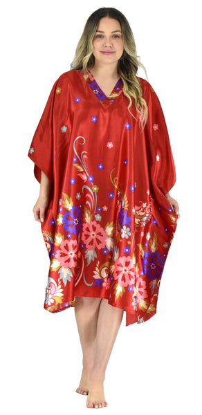 Women's Short Satin Caftan / Kaftan / Muumuu, Red Floral Print, Style CShort-11C3