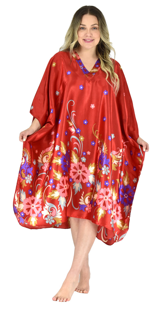 Women's Short Satin Caftan / Kaftan / Muumuu, Red Floral Print, Style CShort-11C3