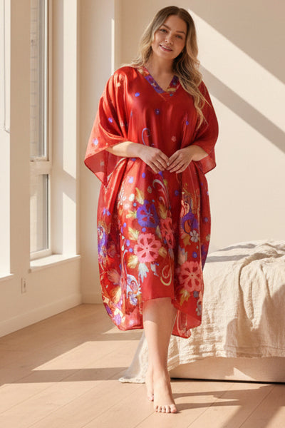 Women's Short Satin Caftan / Kaftan / Muumuu, Red Floral Print, Style CShort-11C3