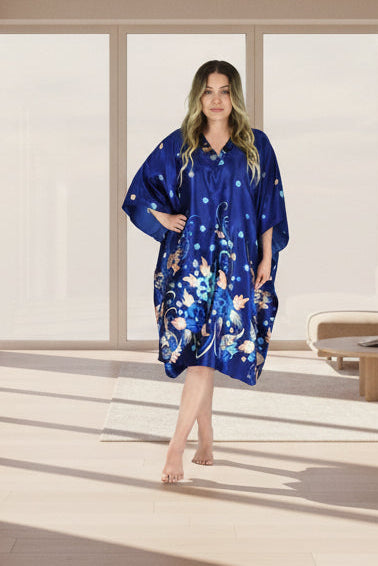 Women's Short Satin Caftan / Kaftan / Muumuu, Floral Print, CShort-11