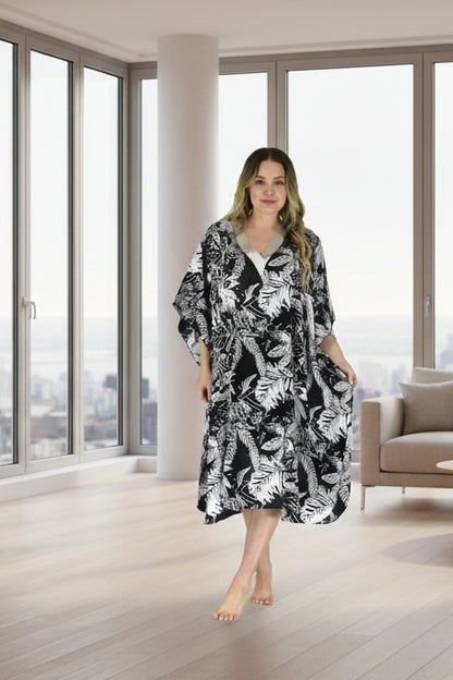 Women's Short Satin Caftan / Kaftan / Muumuu, Midnight Leaves Print