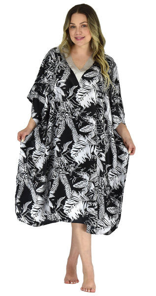 Women's Short Satin Caftan / Kaftan / Muumuu, Midnight Leaves Print