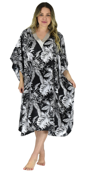 Women's Short Satin Caftan / Kaftan / Muumuu, Midnight Leaves Print