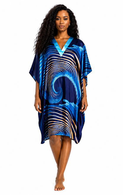 Women's Short Satin Caftan / Kaftan / Muumuu, Navy Spheroid Floral Print, Style CShort-16RB