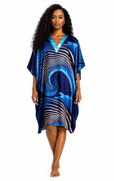Women's Short Satin Caftan / Kaftan / Muumuu, Navy Spheroid Floral Print, Style CShort-16RB