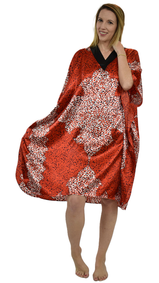 Women's Short Satin Caftan / Kaftan / Muumuu, Red Animal Print, CShort-18
