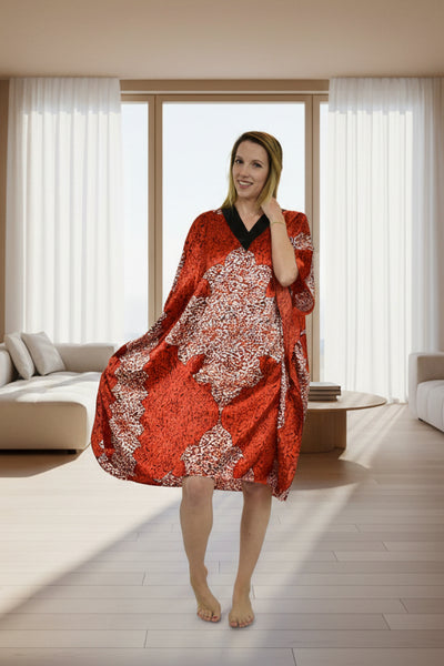 Women's Short Satin Caftan / Kaftan / Muumuu, Red Animal Print, CShort-18
