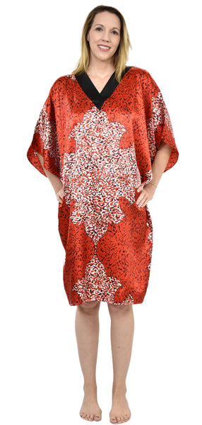 Women's Short Satin Caftan / Kaftan / Muumuu, Red Animal Print, CShort-18