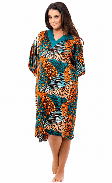 Women's Short Satin Caftan / Kaftan / Muumuu, Tropical Cocktail Animal Print