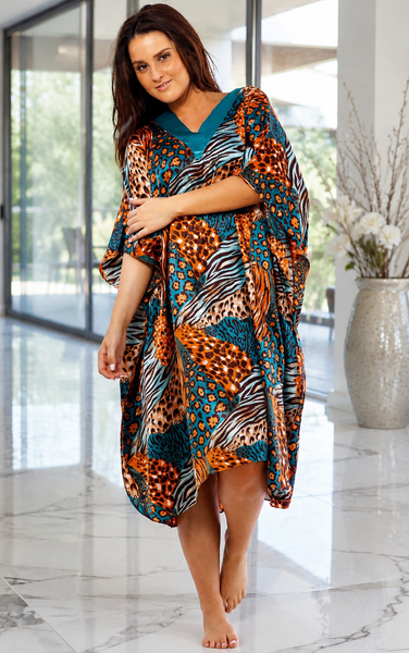 Women's Short Satin Caftan / Kaftan / Muumuu, Tropical Cocktail Animal Print