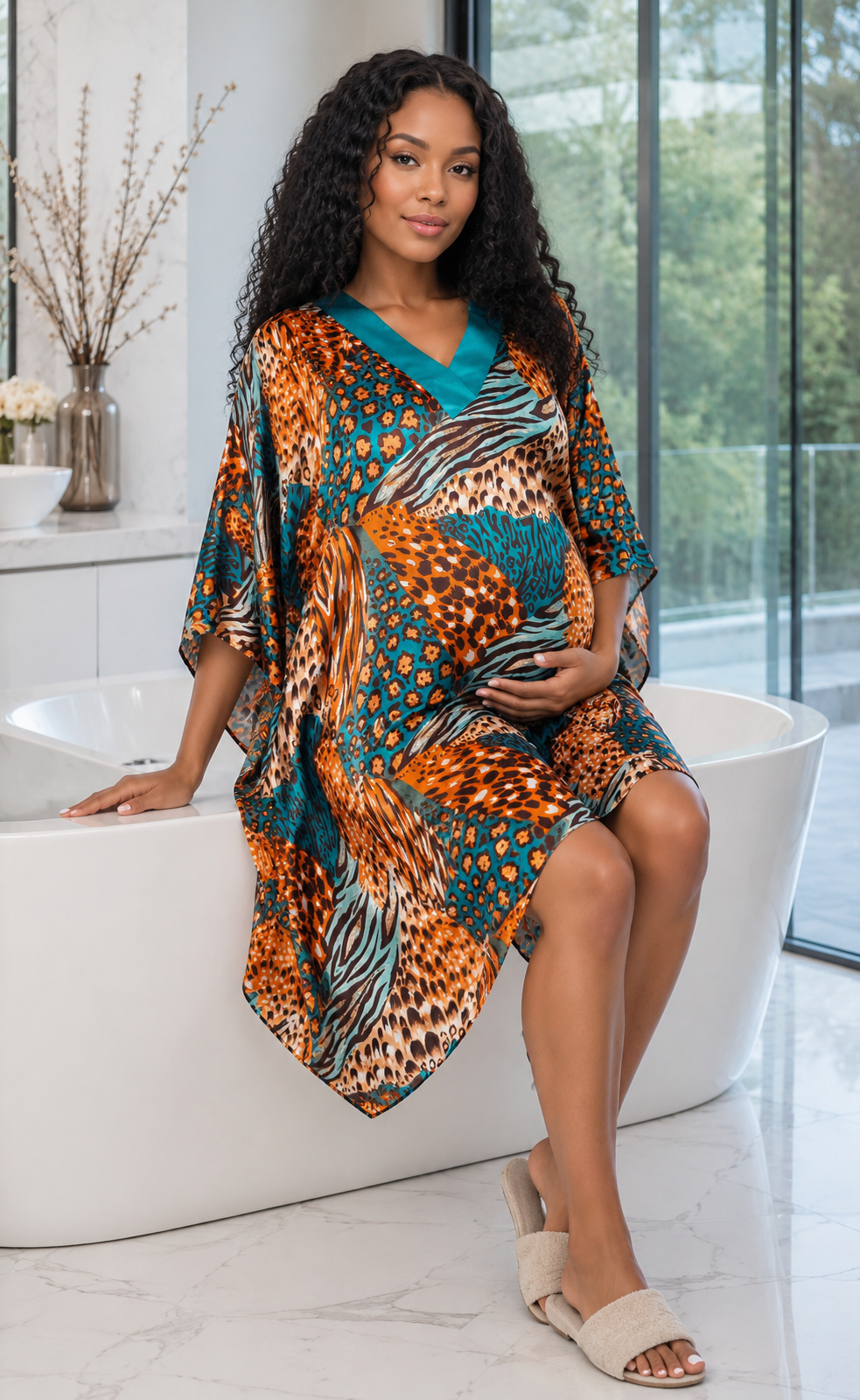 Women's Short Satin Caftan / Kaftan / Muumuu, Tropical Cocktail Animal Print
