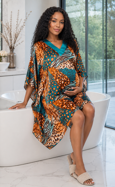 Women's Short Satin Caftan / Kaftan / Muumuu, Tropical Cocktail Animal Print
