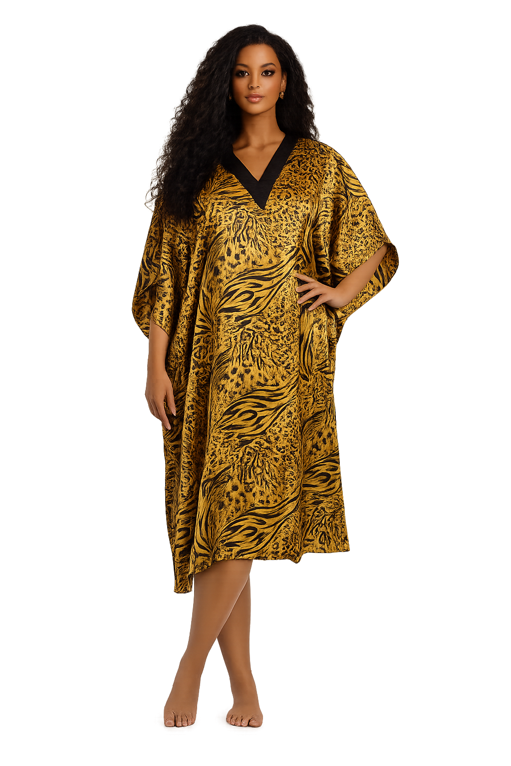 Women's Short Satin Caftan / Kaftan / Muumuu, Golden Animal Print