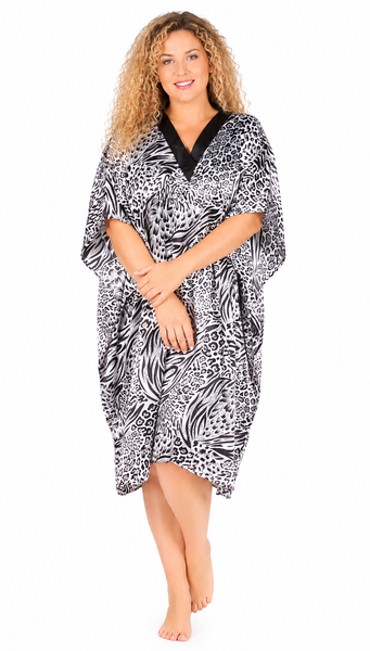 Women's Short Satin Caftan / Kaftan / Muumuu, Black & White Animal