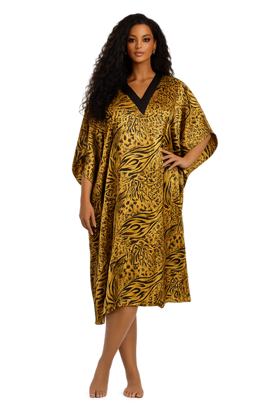 Women's Short Satin Caftan / Kaftan / Muumuu, Golden Animal Print